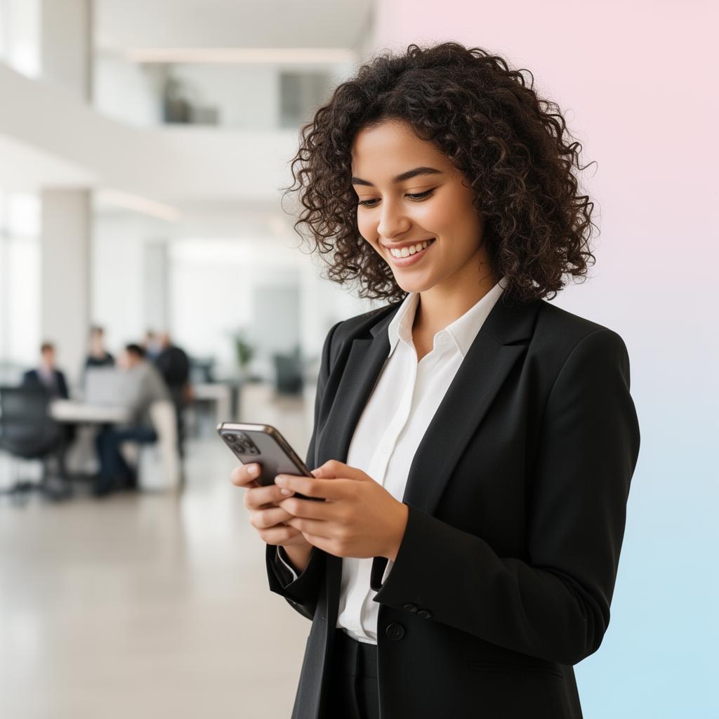 Smiling visitor checking in via 1UPVMS on her phone